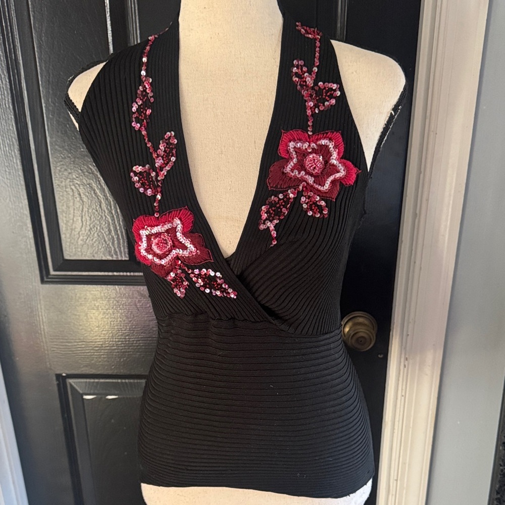 Cache Black V-Neck sweater Top with Red Floral Accents